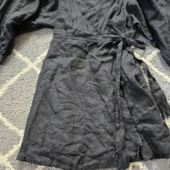 FREE PEOPLE Black Linen Carino Mini Wrap Dress Small Petite - Picture 4 of 14